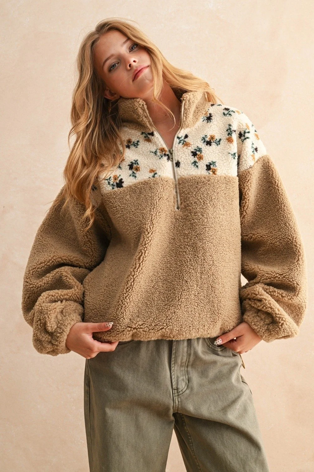 Floral Print Sherpa Half Zip Pullover Camel