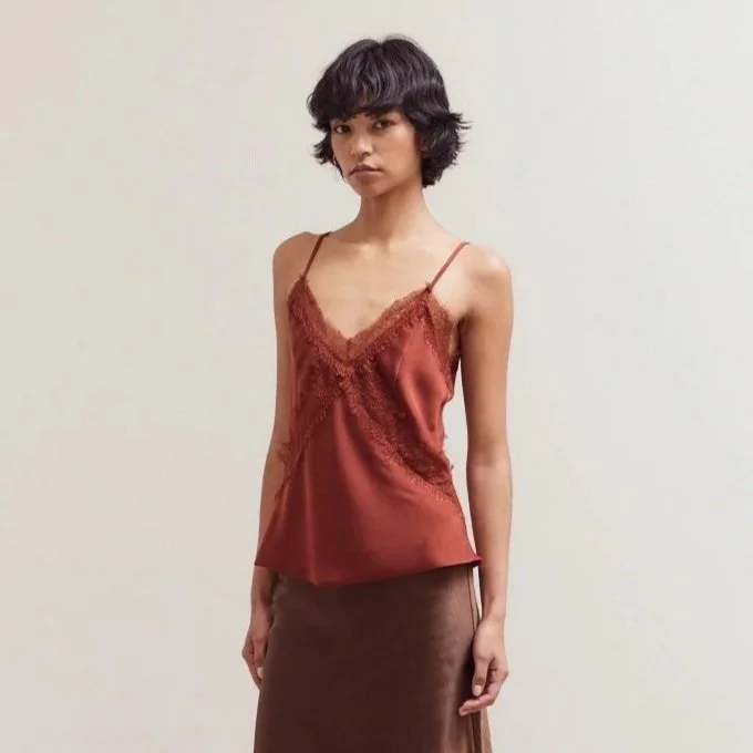 Lace Trim Satin Camisole Brick