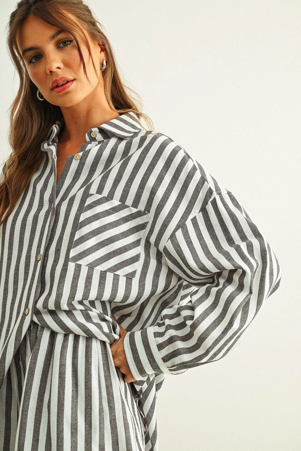 Linen Collared Button Down Black & White Stripe