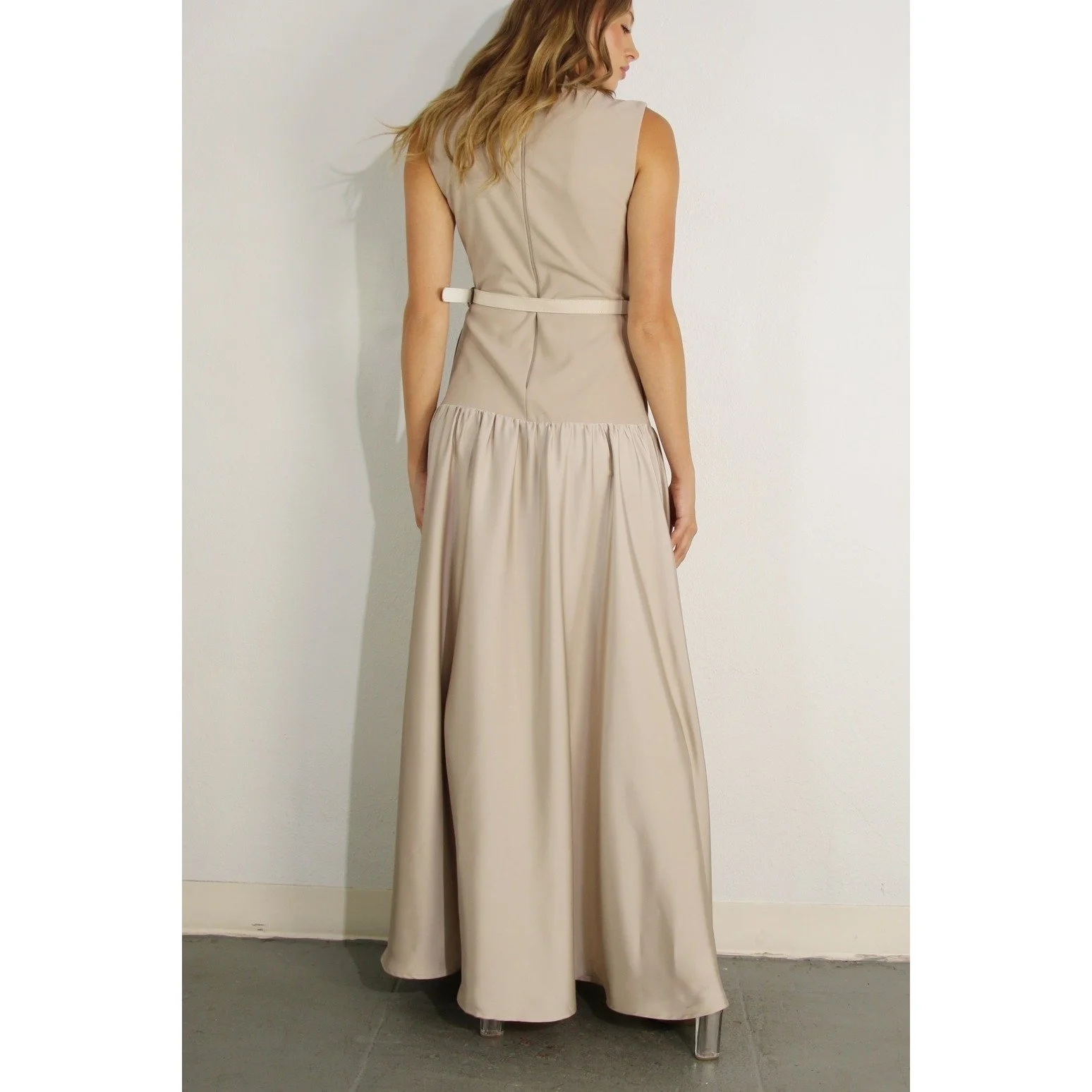 Mixed Fabric Belted Maxi Dress Mauve Brown  Byron & Barclay