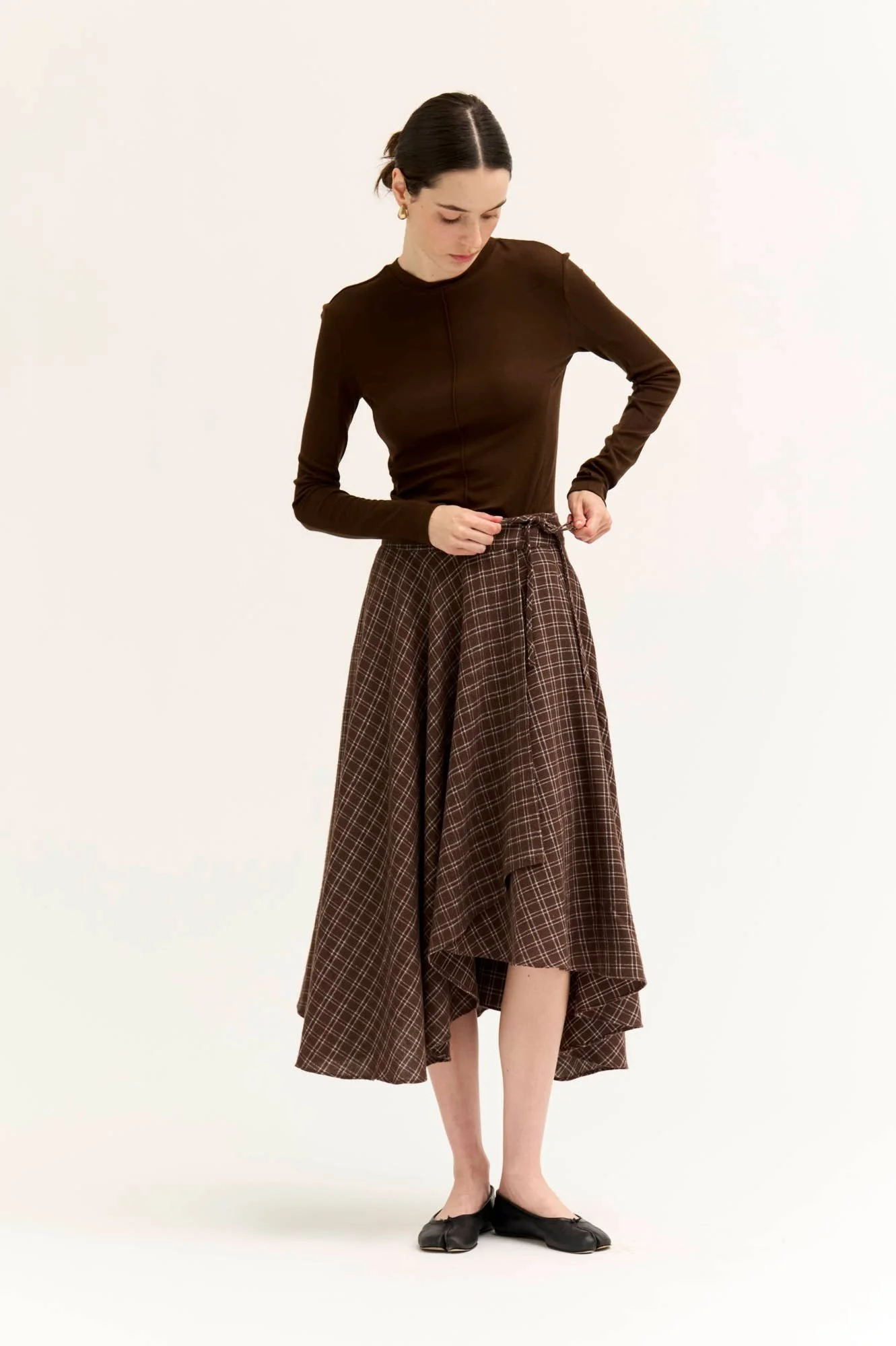 Unbalanced Flannel Wrap Skirt Chocolate Plaid