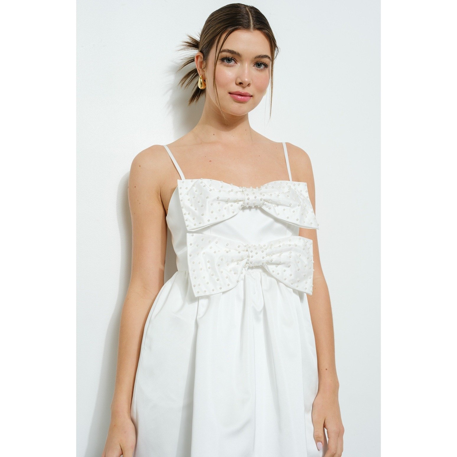Pearl Bow Front Mini Dress White