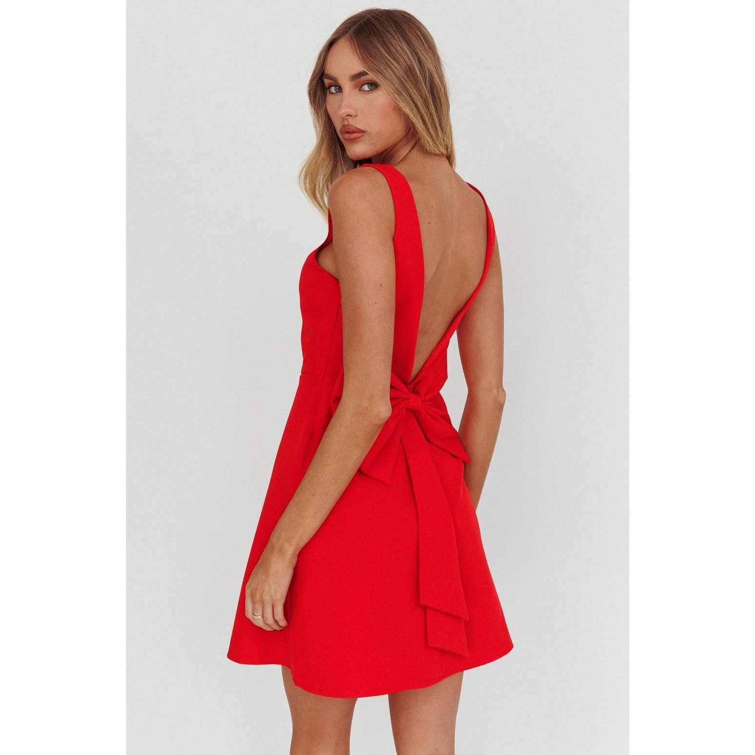 Boatneck Low Back Bow Mini Dress Red