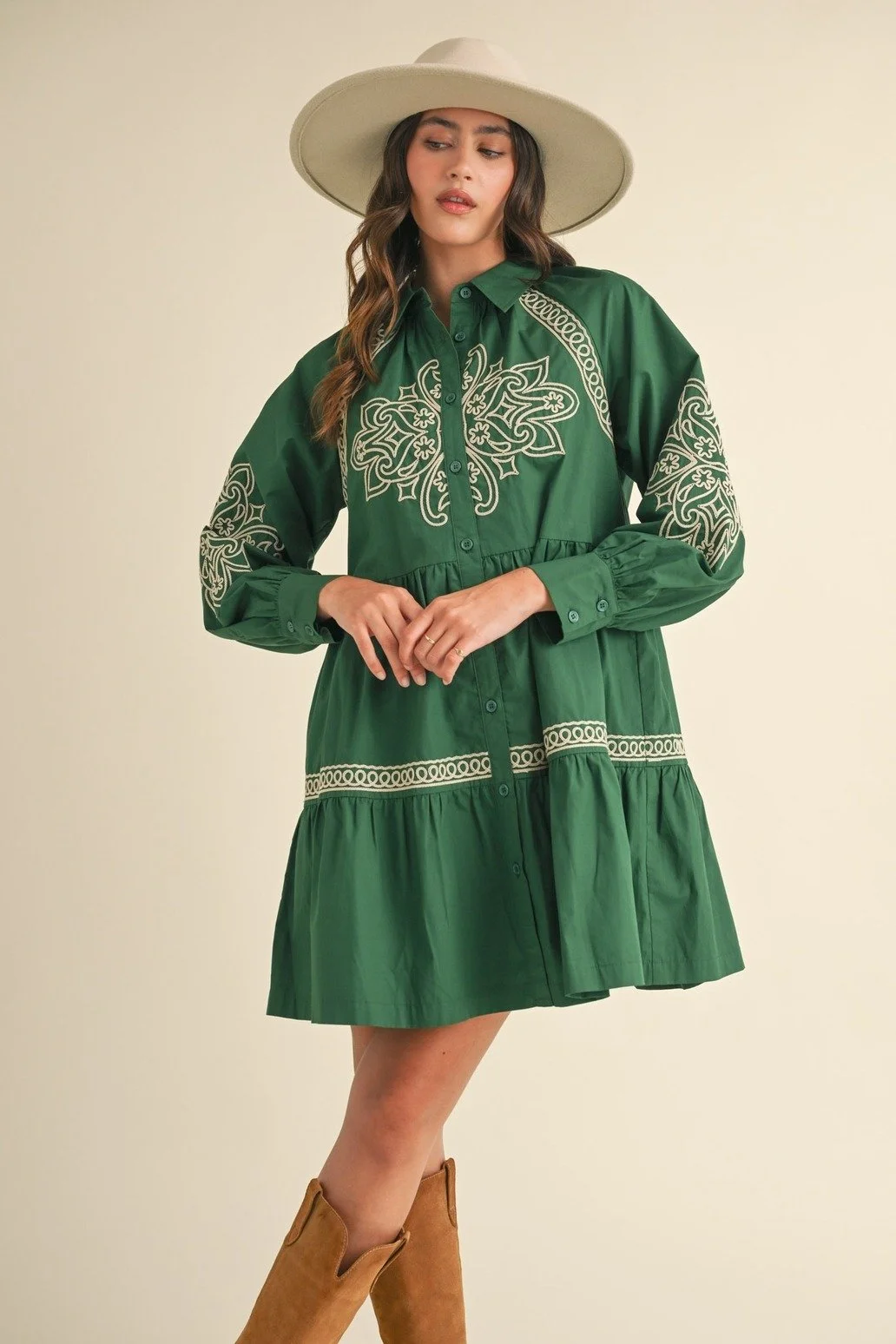 Embroidered Button Down Mini Dress Kelly Green