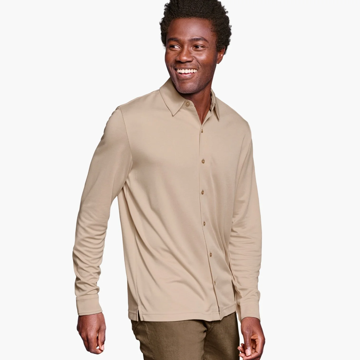 J&M Vintage Birdseye Button-Front Knit Tan