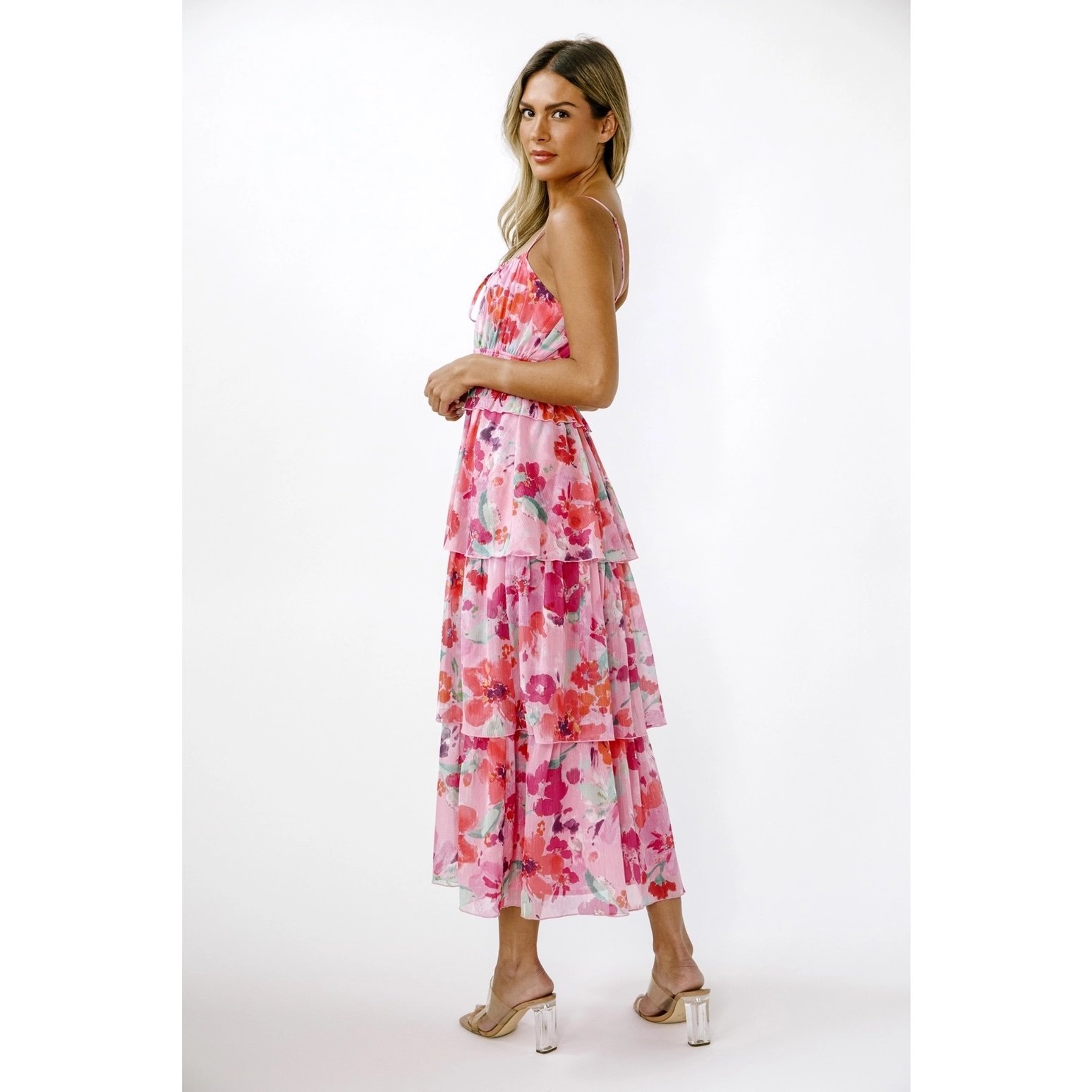 Ruffle Layered Midi Dress Pink Floral