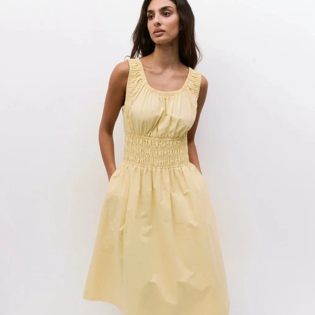The Daniela Shirred Midi Dress Yellow