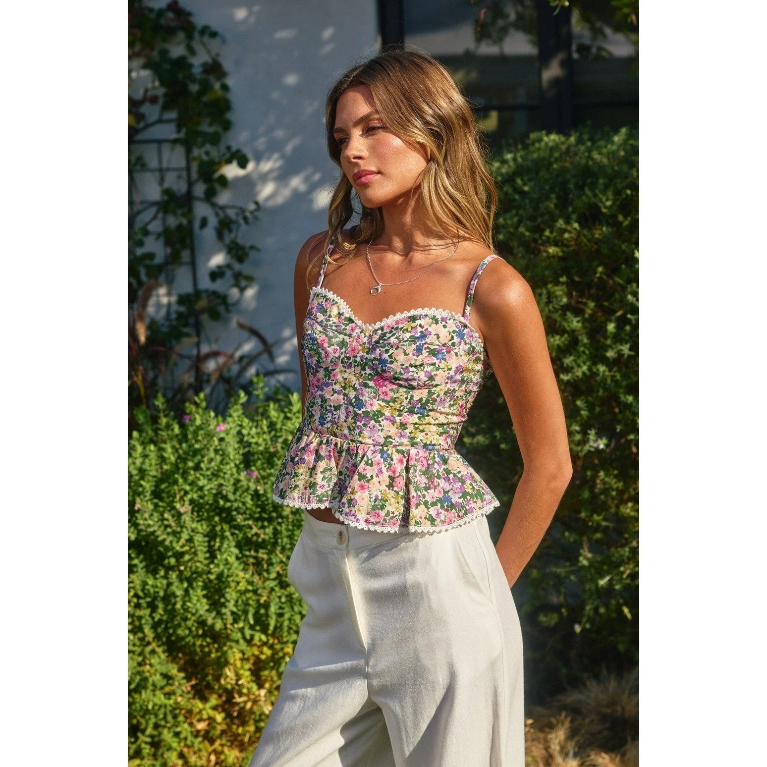 Morning Glory Corset Peplum Top Bright Floral