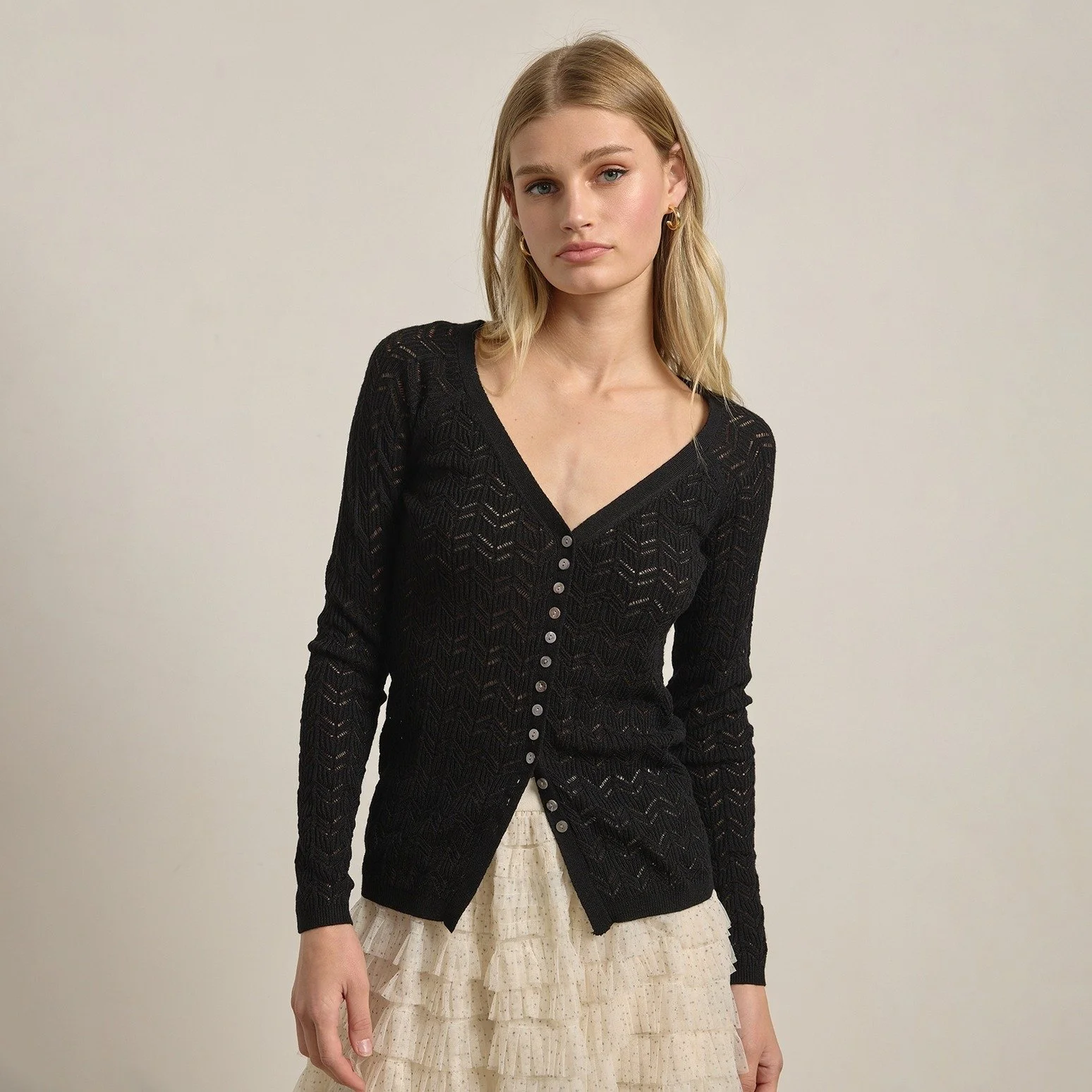 Pointelle V-neck Button Cardigan Black