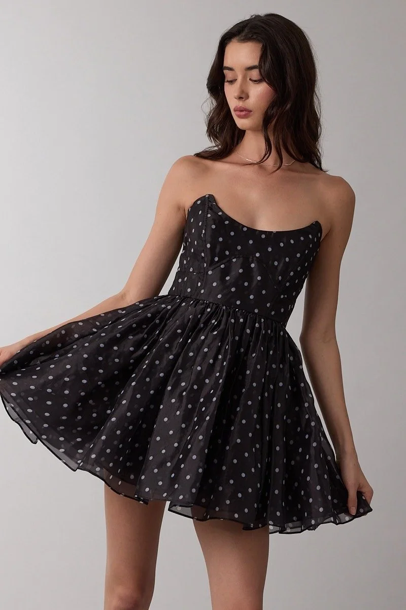 Strapless Corset Mini Dress Black Polka Dot