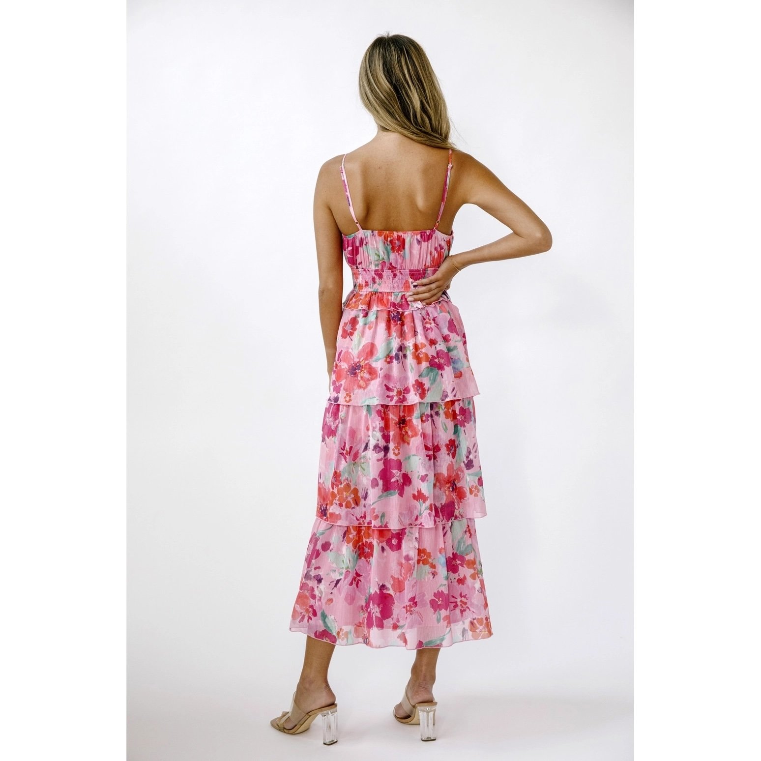 Ruffle Layered Midi Dress Pink Floral