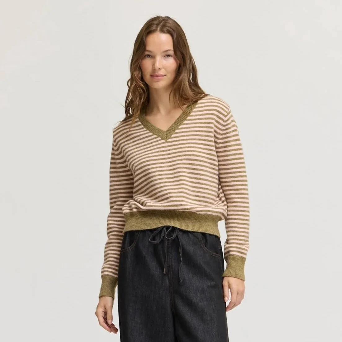 Striped V-neck Banded Sweater Dry Sage & Pink