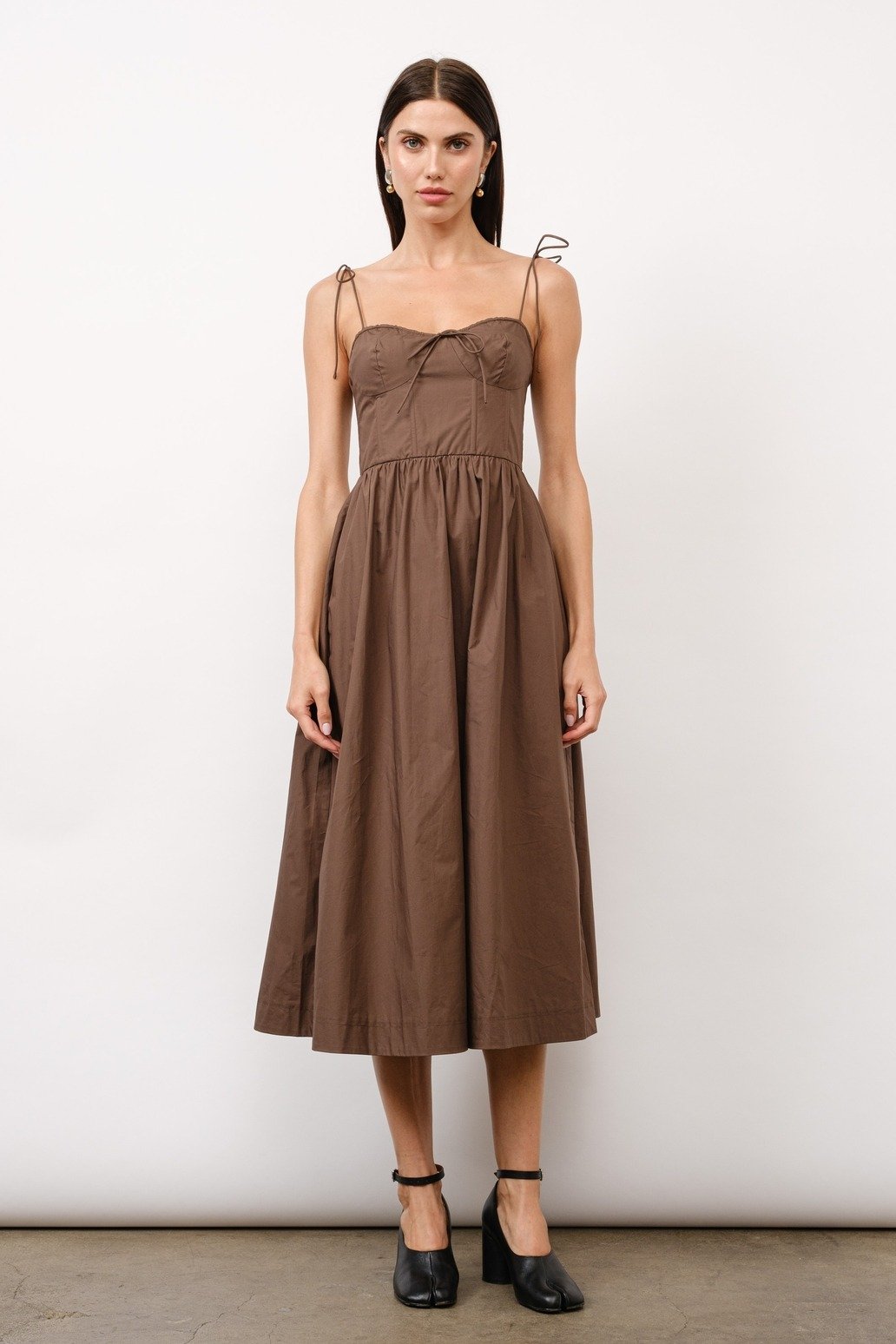Positano Tie-Strap Corset Midi Dress Brown