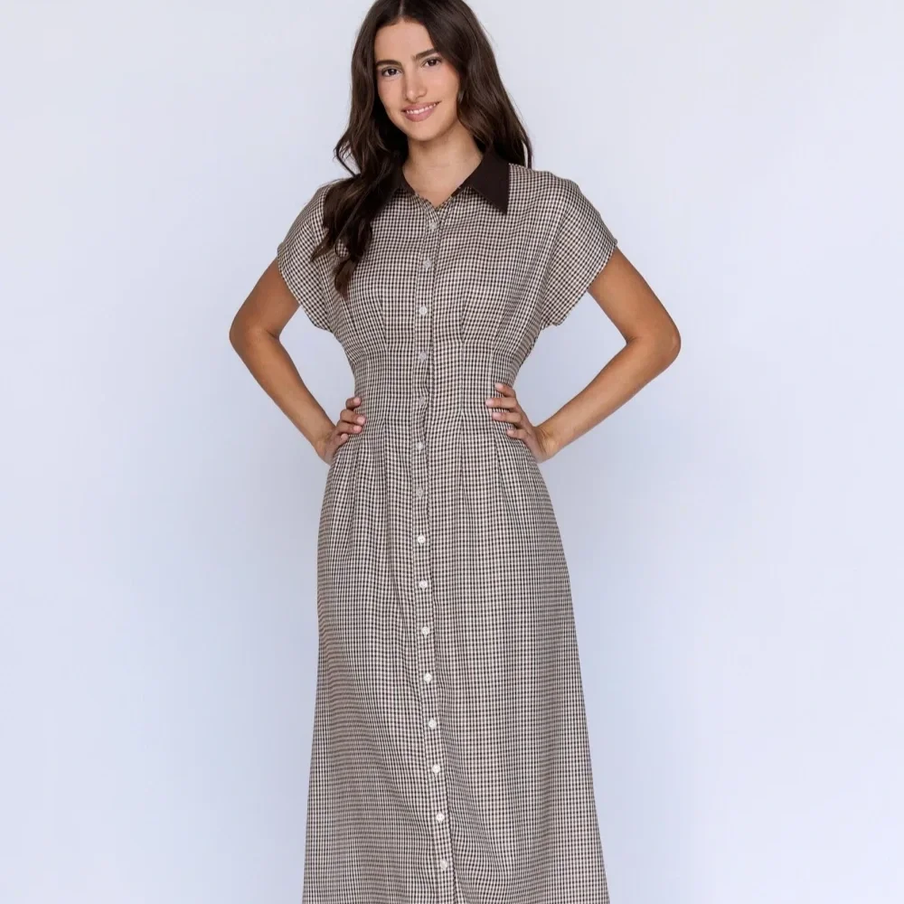 Pinch Pleat Collared Button Down Midi Dress Houndstooth
