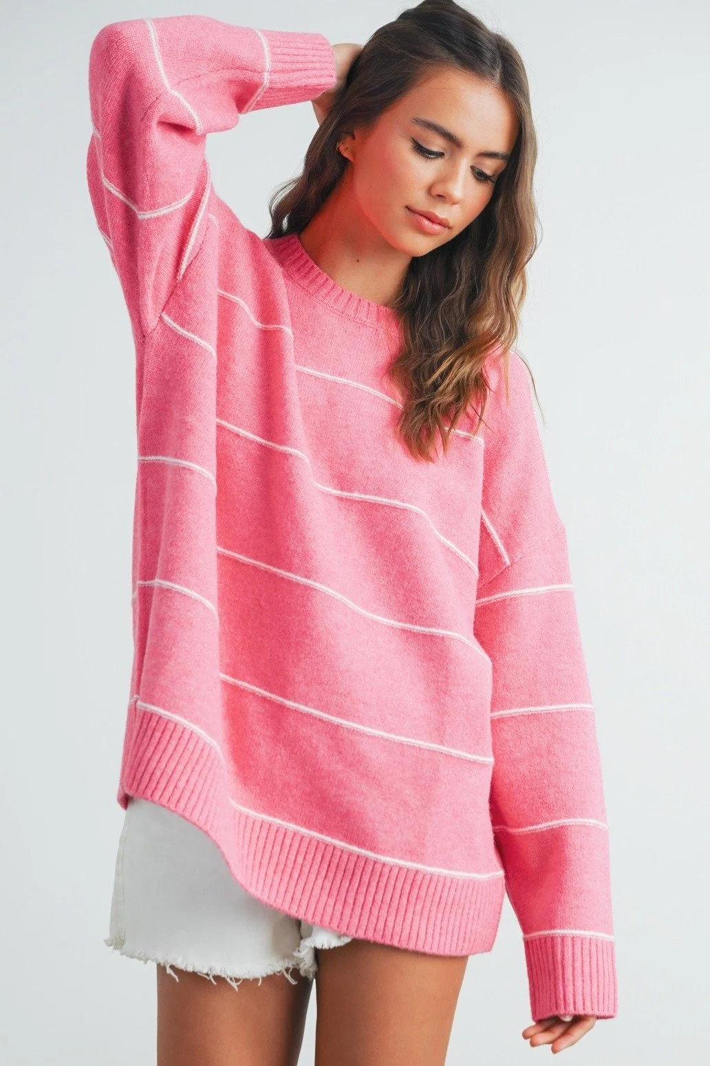 Relaxed Drop Shoulder Sweater Pink Stripe