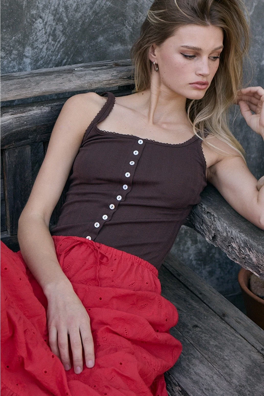 Pointelle Ribbed Button Front Cami Brown