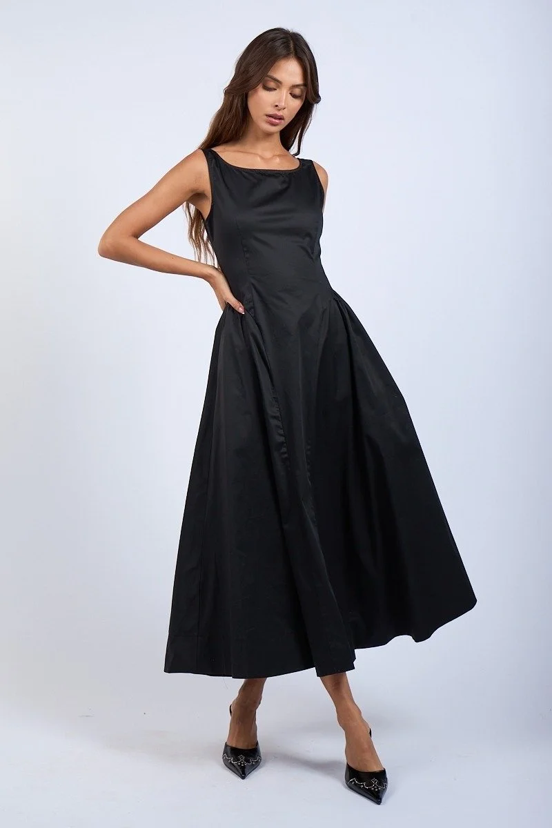 Boatneck Basque Waist Midi Dress - Black
