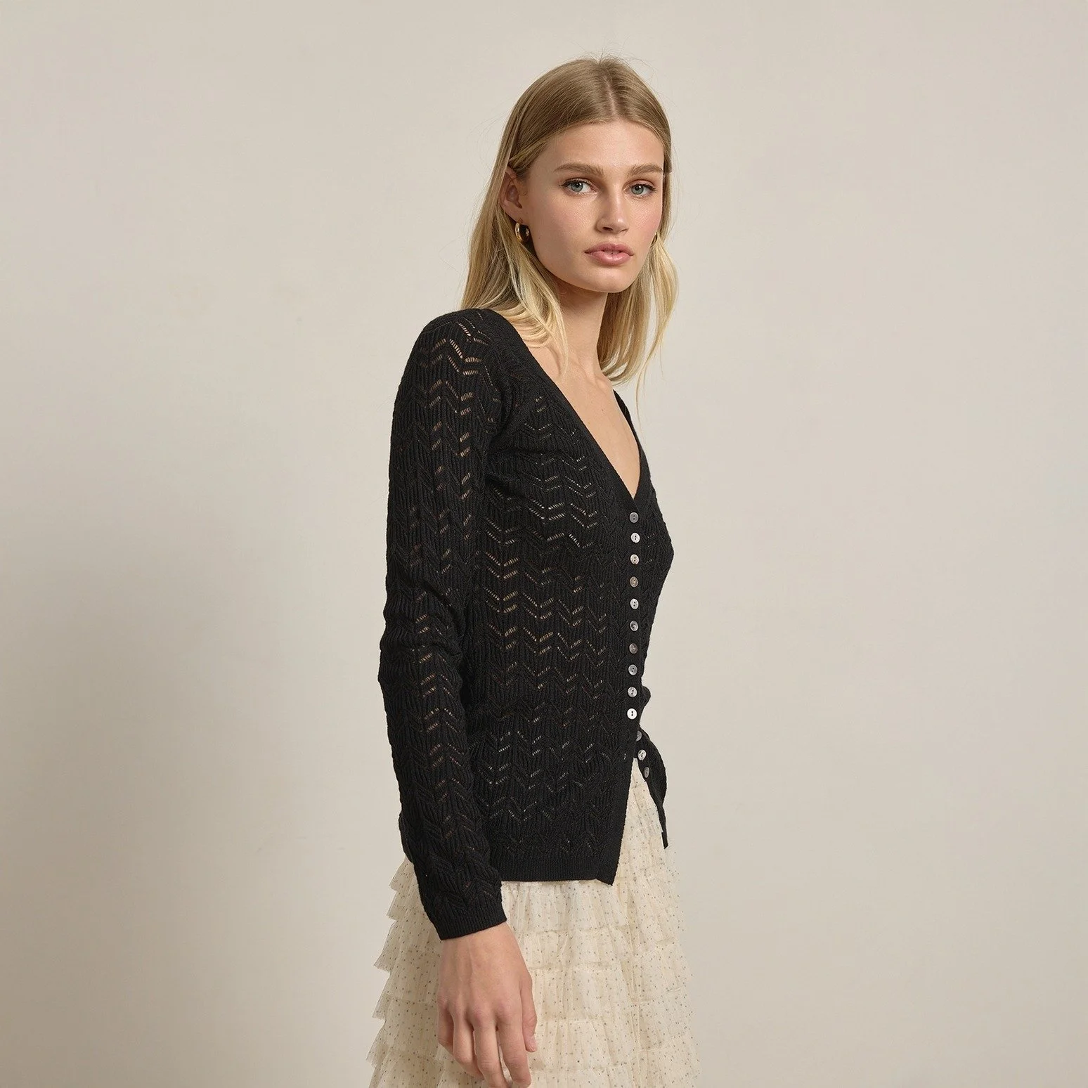 Pointelle V-neck Button Cardigan Black