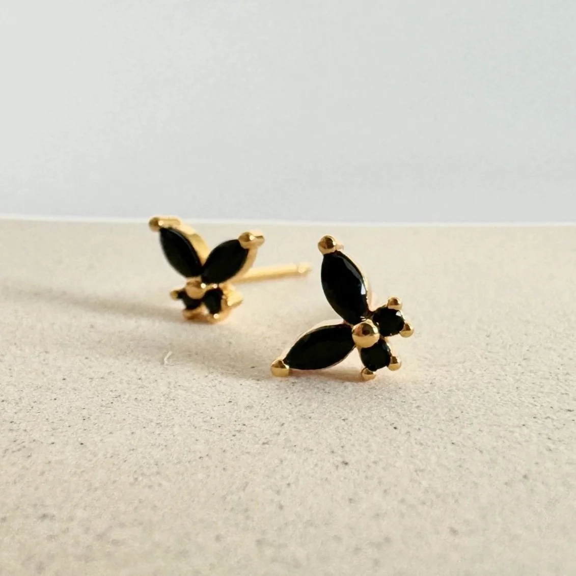Mini Butterfly Studs Black Stone & Gold