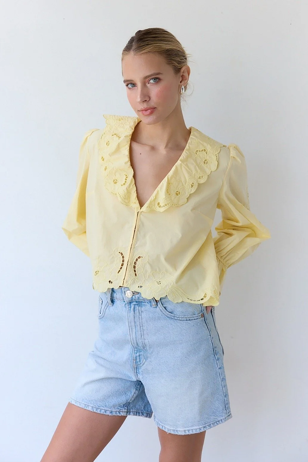 Embroidered Ruffle Collar Blouse Yellow