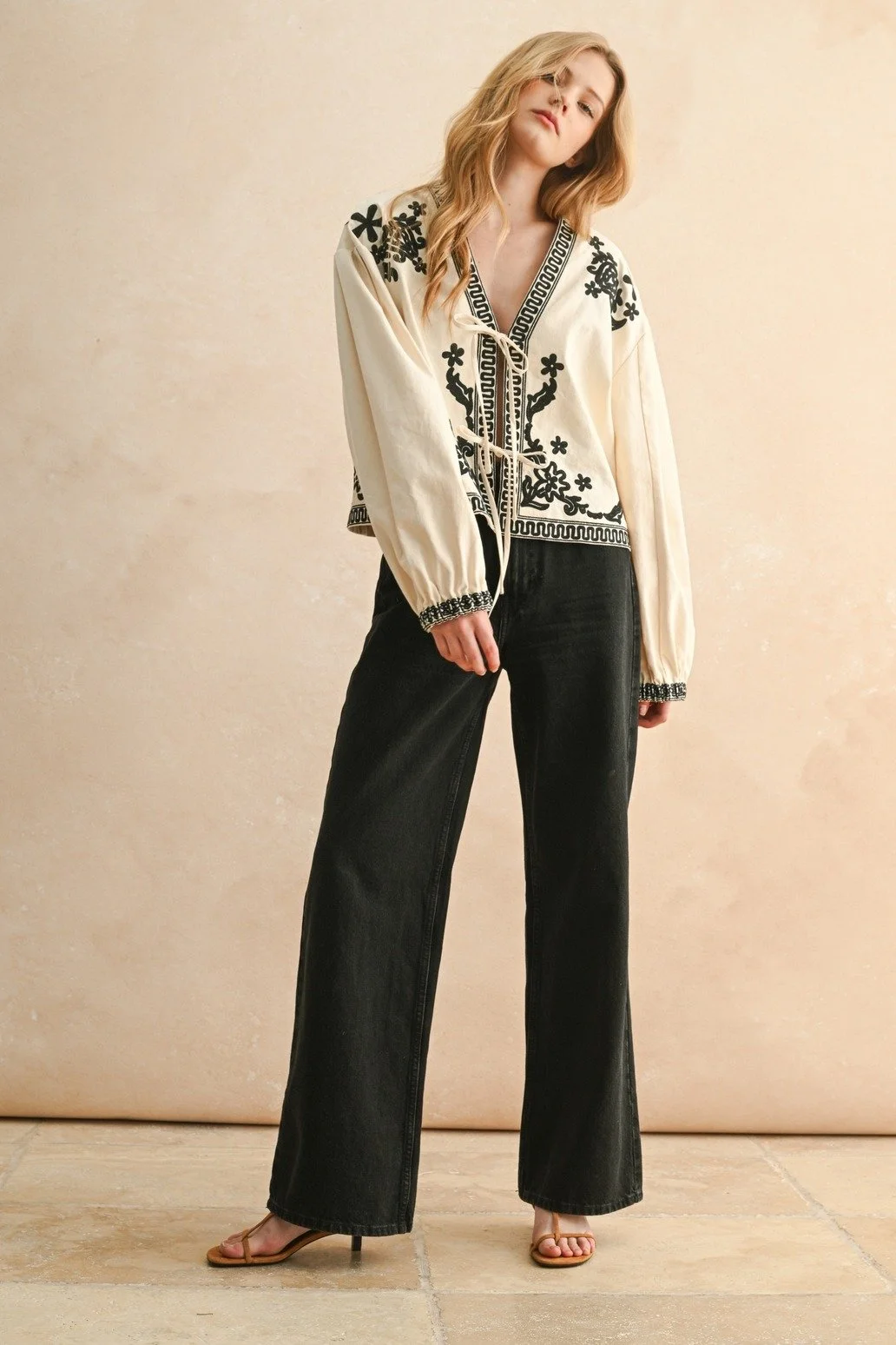 Floral Embroidered Tie Front Jacket Ecru