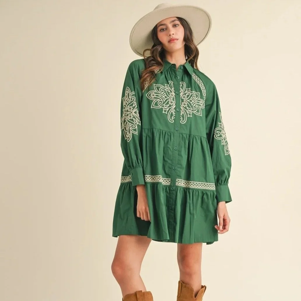 Embroidered Button Down Mini Dress Kelly Green