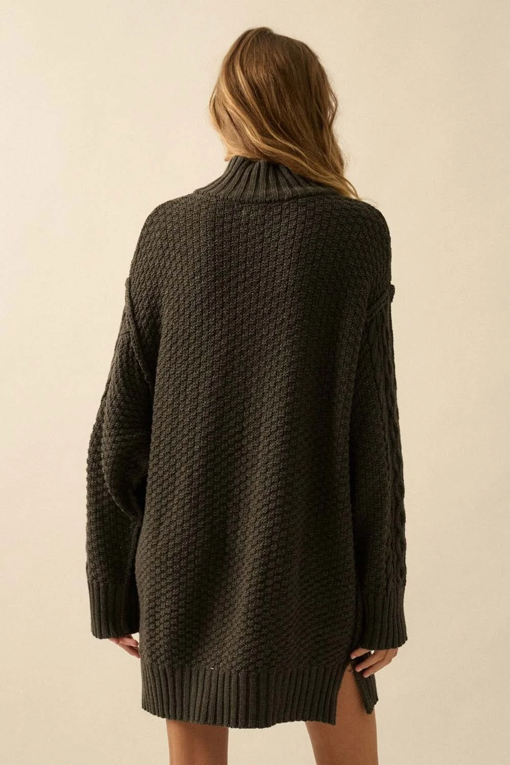 Cable Knit Half Zip Mini Sweater Dress Charcoal