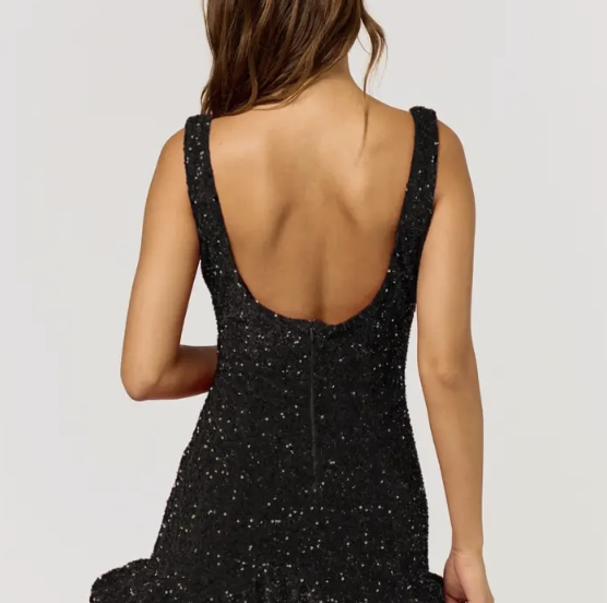 Square Neck Bottom Ruffle Mini Dress Black Sequin