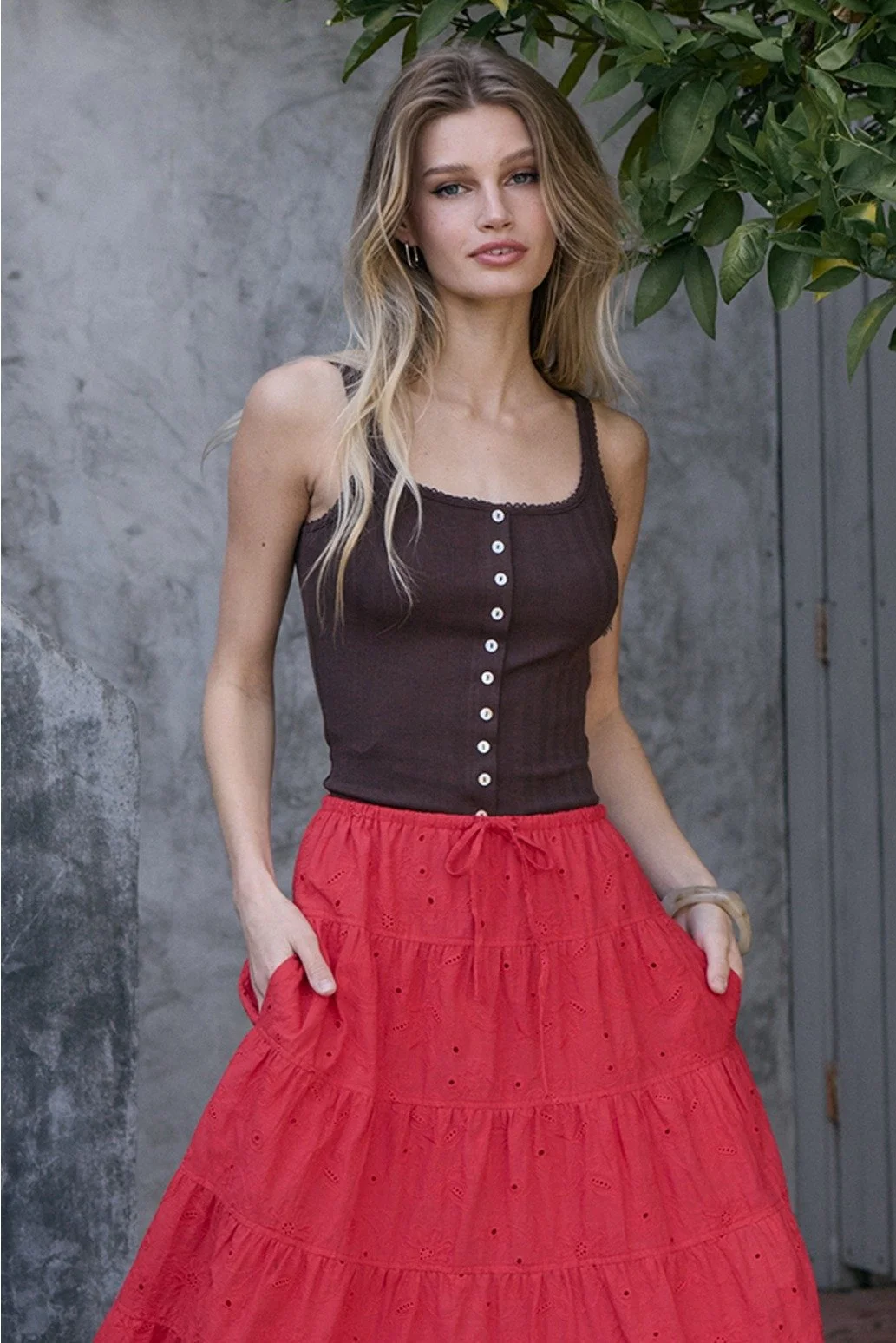 Pointelle Ribbed Button Front Cami Brown