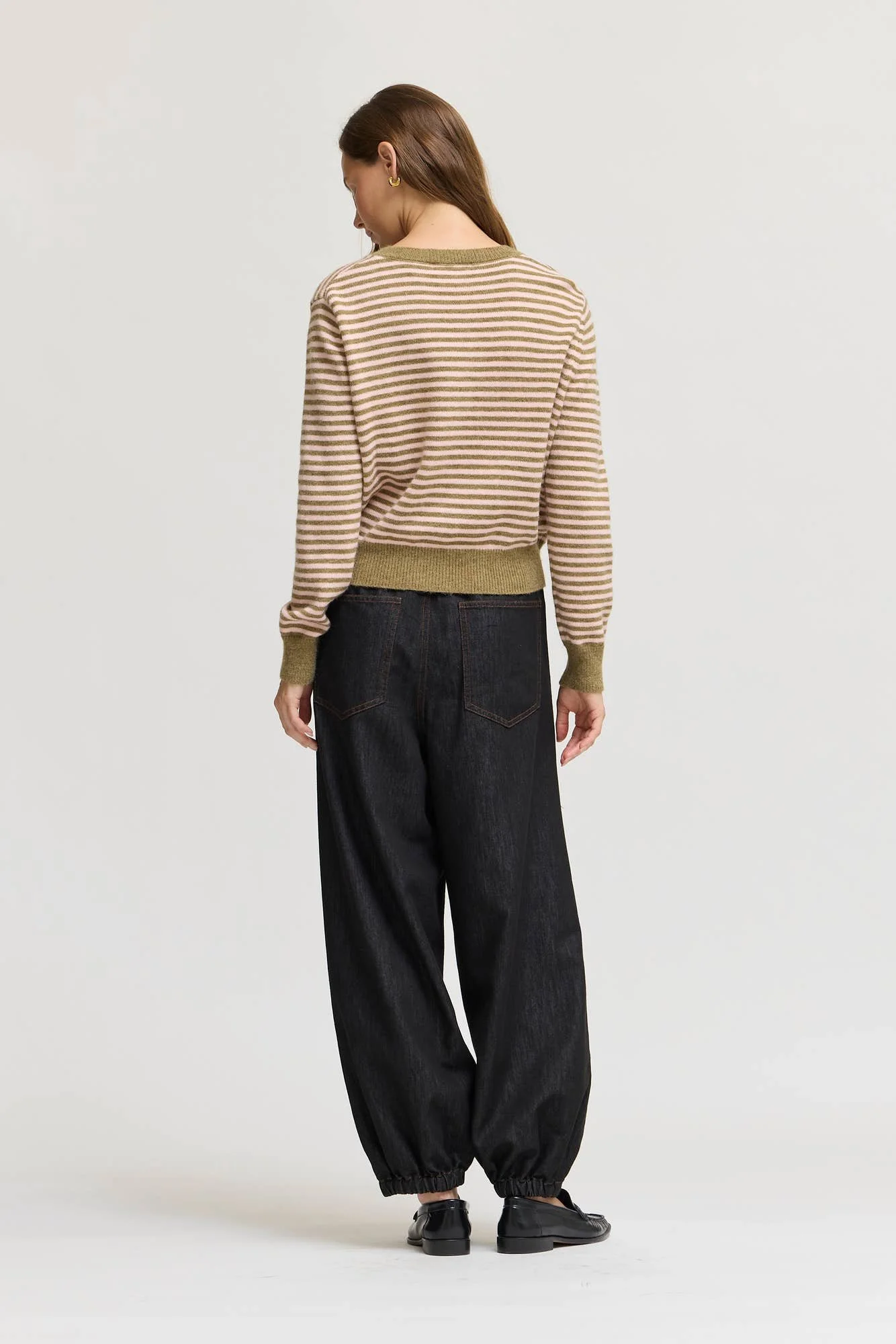 Striped V-neck Banded Sweater Dry Sage & Pink