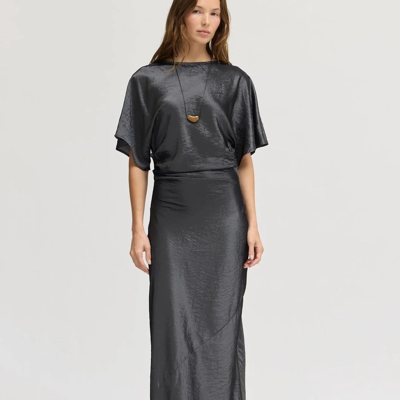 Ruched Waist Satin Midi Dress Granite