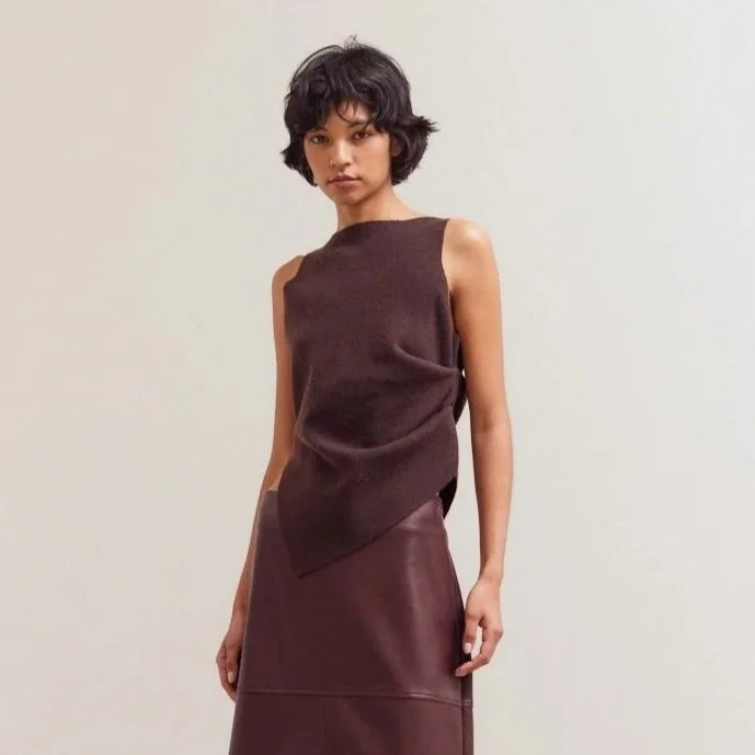 Unbalanced Sleeveless Knit Top Dark Chocolate
