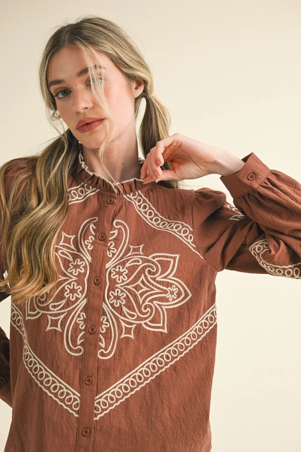 Western Embroidered Puff Sleeve Button Blouse Rust