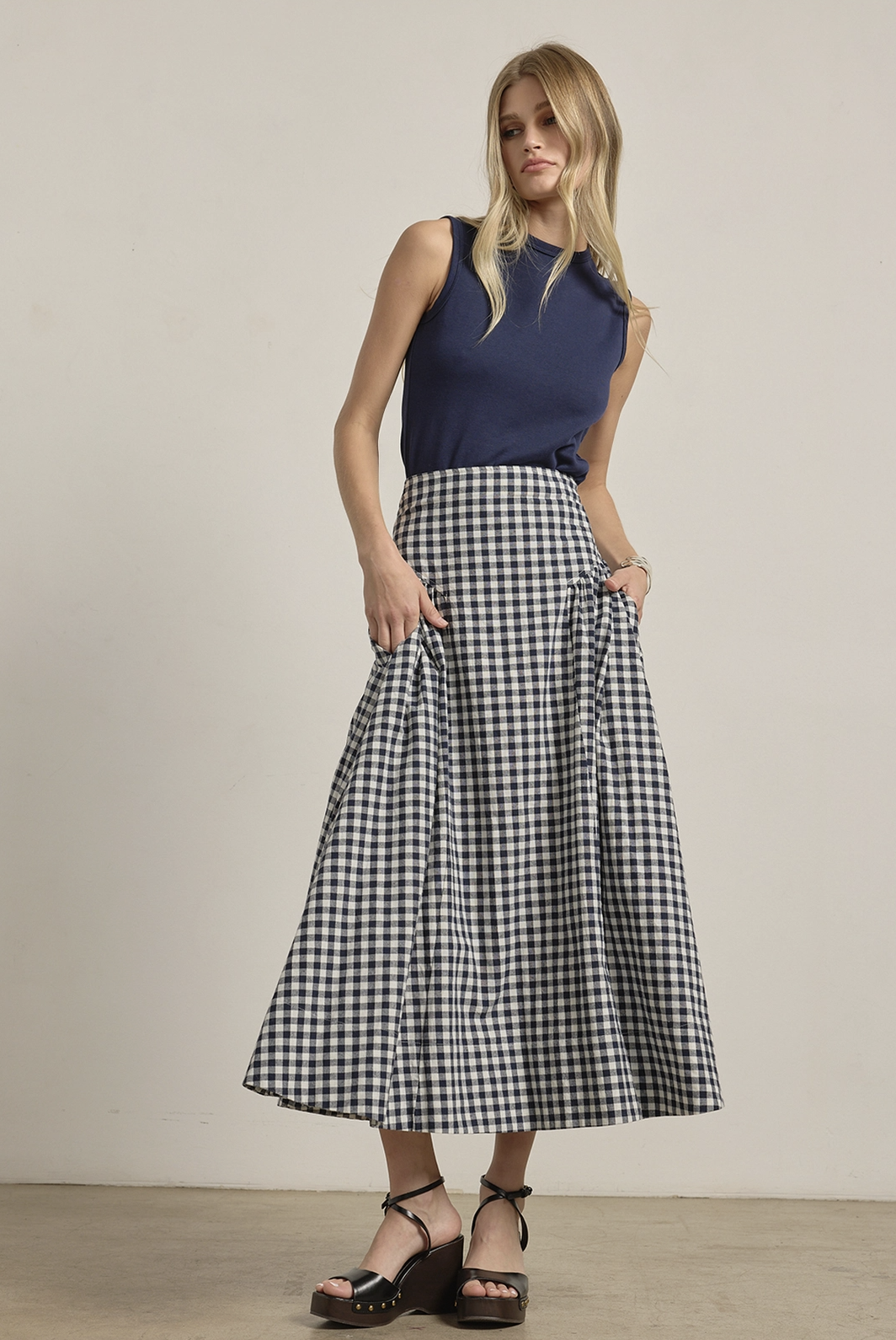 Hip Pleat Midi Skirt Navy Gingham