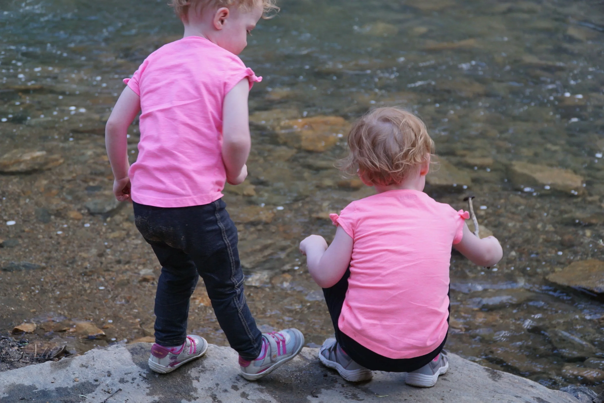 Two young children in matching pink shirts playing by the shallow edge of a rocky creek.