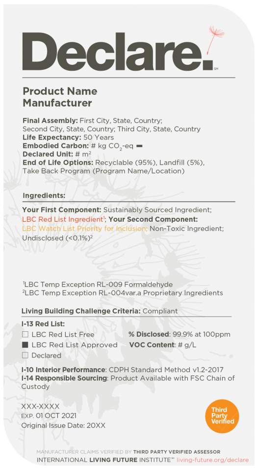 A sample Declare product label from the International Living Future Institute showing ingredients and Living Building Challenge compliance criteria.