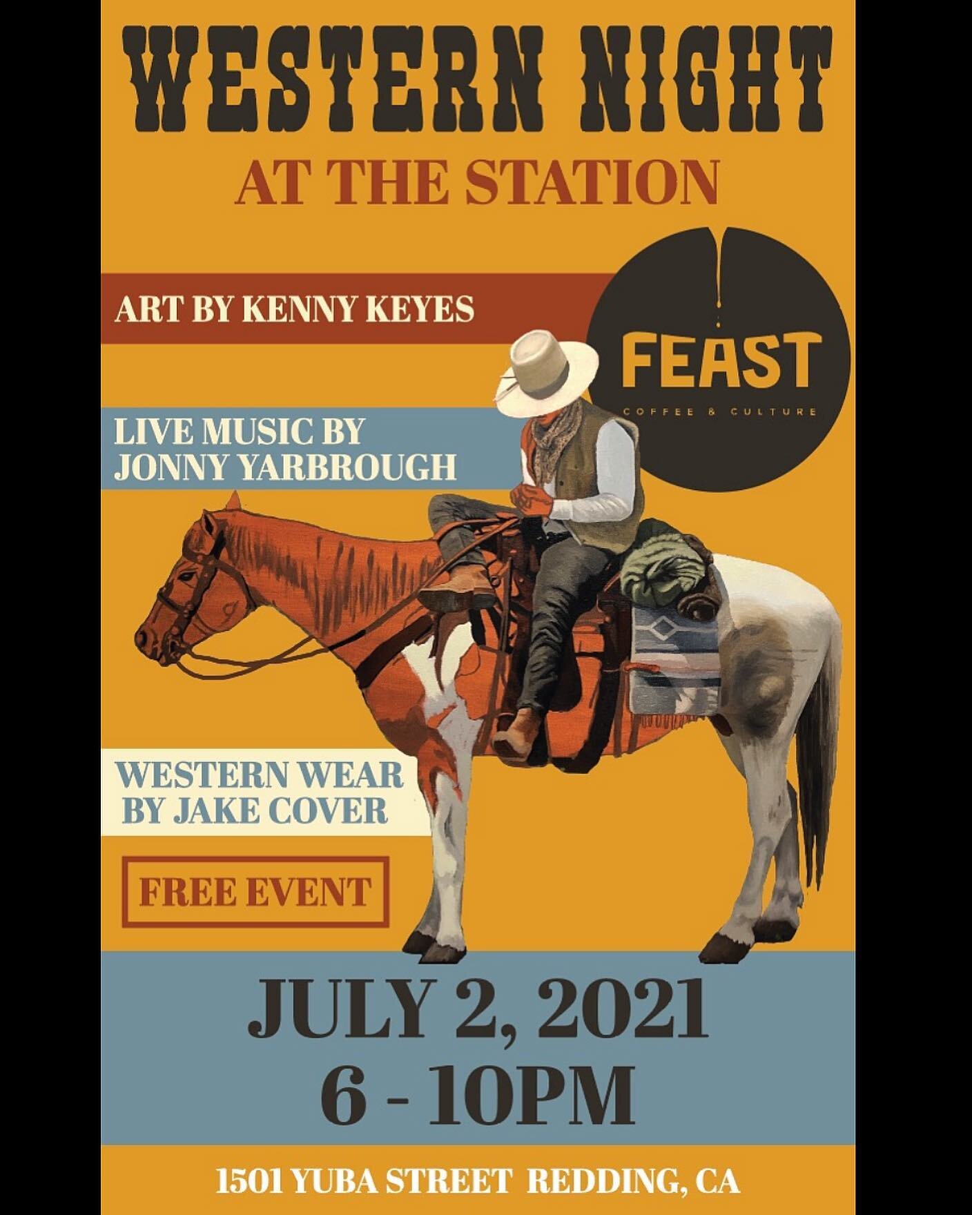 ⚡️ WESTERN NIGHT ⚡️
Surprise! We have our first event joining in with Downtown Redding celebrating First Friday &mdash; A monthly event uniting downtown spaces open at night the first Friday of every month!

Who will be here?

Artist @kennykeyes 
Mus