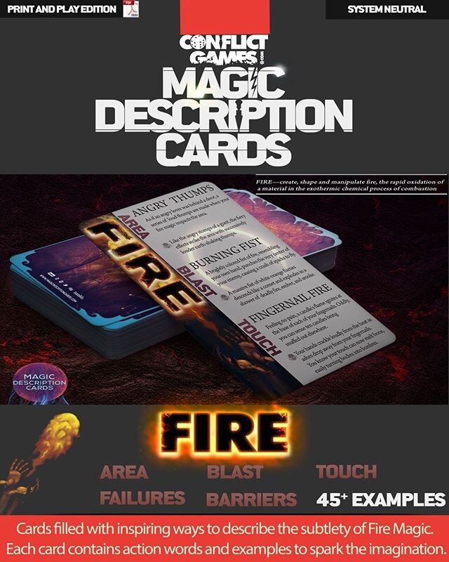 PDF Alert: 0.99 cents PDF Slice of the Magic Description Cards. Seventh of Seventeen coming to DriveThruRPG
Memorable FIRE SPELL DESCRIPTIONS Here:
https://www.drivethrurpg.com/product/312521/Magic-Description-Cards-FIRE-MAGIC
Finally, the Fire Magic