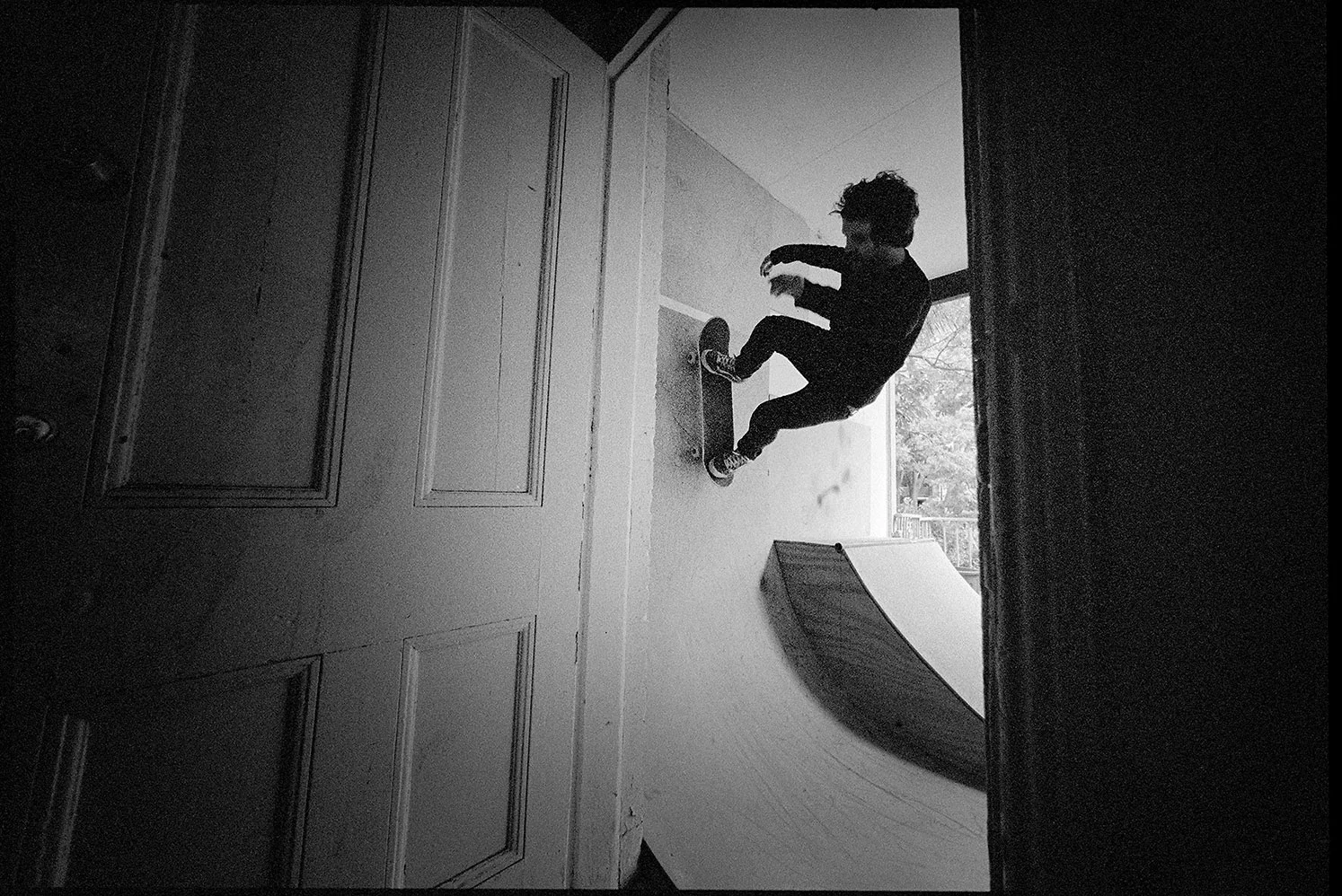 Joel, Wallride in doorway, Death Trap Ramp, Enmore, NSW, Silver Gelatin Print, 50.8cm x 60.1cm, 1/5