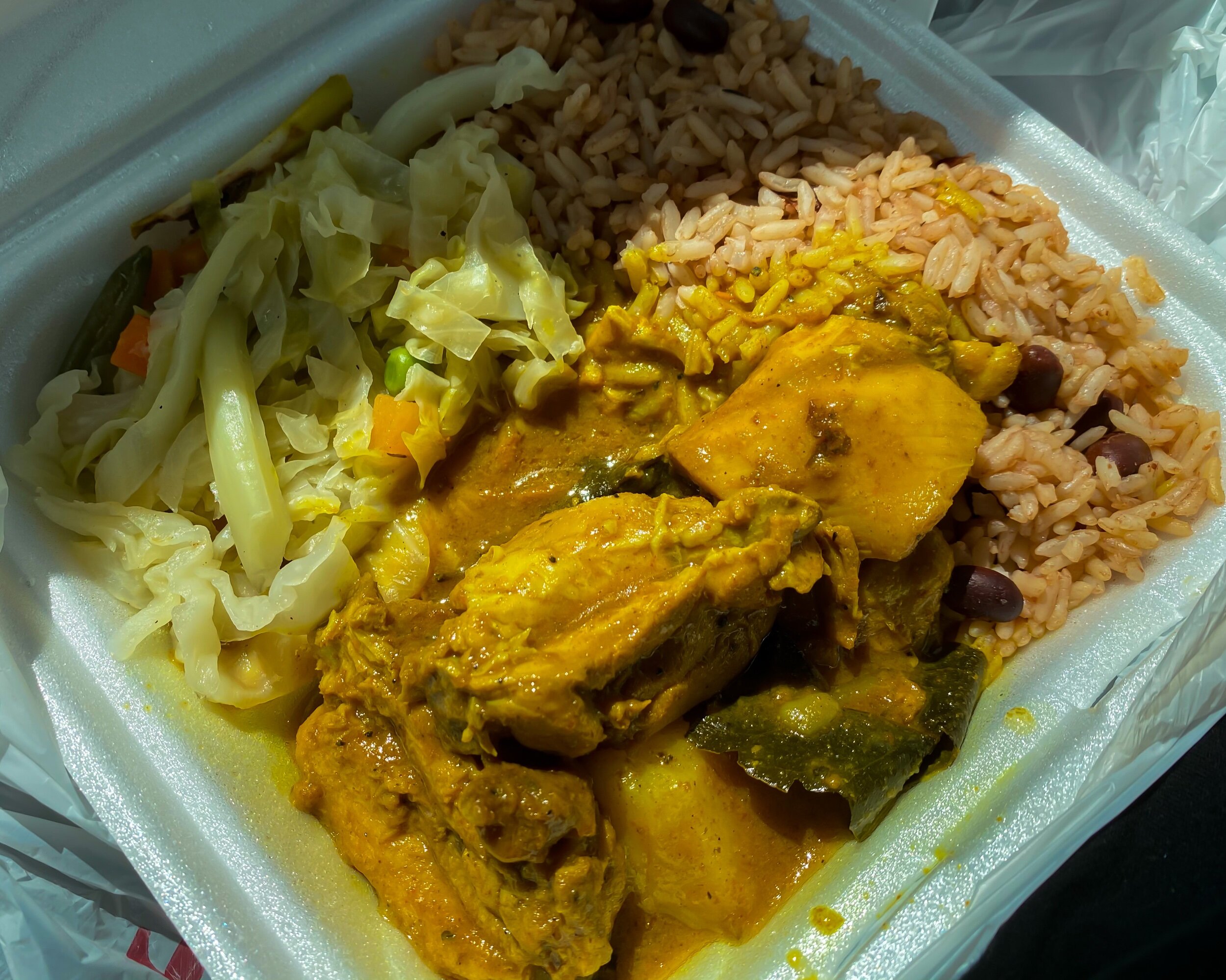 Curry Chicken, rice and bean &amp; steamed veggies.