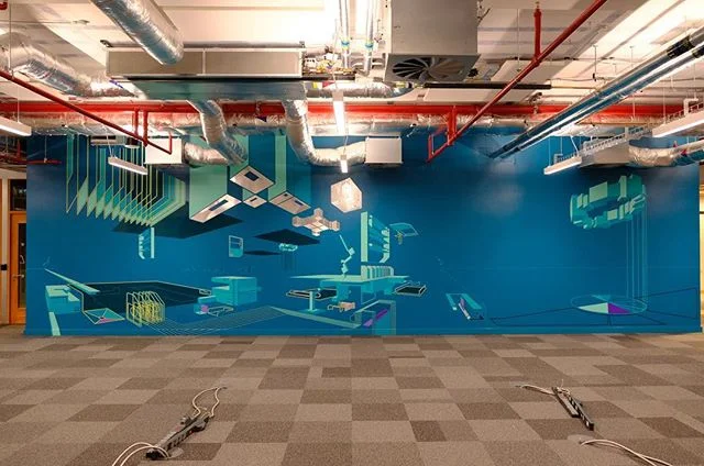 Another view of the FaceBook commission, it&rsquo;s been a great pleasure to be a FaceBook Artist in Residence, where I made this custom wall mural in the Oculus Rift VR offices.

Ian Monroe&rsquo;s technological landscapes at Facebook London offices