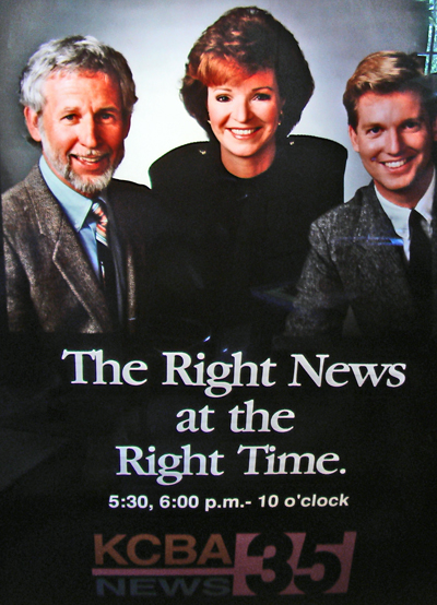 The promotional posters that KCBA put up in airports and shopping malls all over Northern California. That's me on the left, Kirstie Wilde news anchor in the center, and Craig Kilbourne on the right. Kilbourne went on to Big Time TV, Kirstie went home to PG to raise a family, and I went back (voluntarily) to the Cabrillo classro