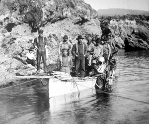 Members of this Point Lobos Japanese abalone diving crew cut up the finback whale, buried the bones, and reassembled the whale skeleton..