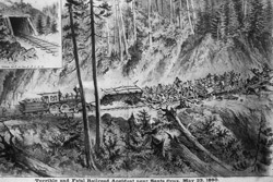 Artist's rendering of the May 23, 1880 accident that killed 15 passengers on the newly-completed South Pacific Coast Railroad. Some say it was part of some cosmic score-evening carried out by the hungry ghosts of the Chinese killed in the tunnels in 1879