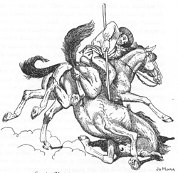 This Joe Mora drawing captures the violence that resulted against the wild horses during a drought in the region in the early 1840s.