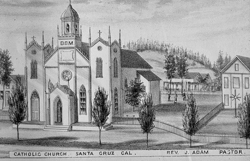 The Holy Cross Church that replaced the Santa Cruz Mission church in 1857. This church and the 1892 Gothic edifice that followed reflected the church (and community's) turning away from its Spanish-Mexican roots.
