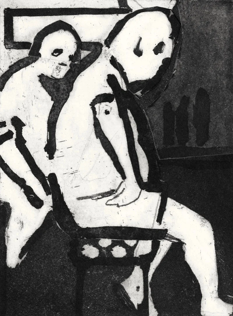 Two Men Walk Into a Bar, 2019, etching, aquatint and collage