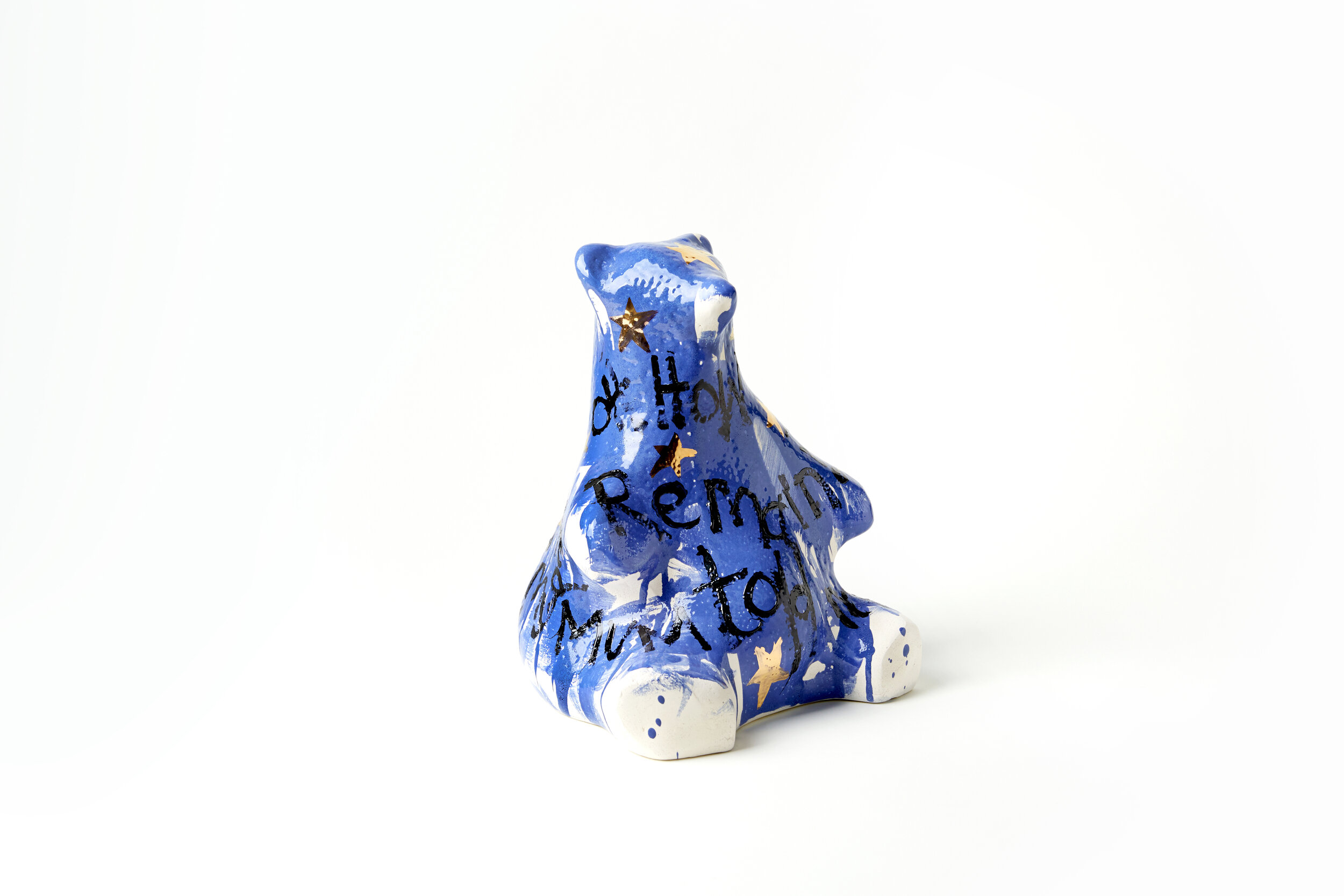 'Why did you vote Remain? Because my mum told me too BURR'. Glazed Ceramic, 24 Carat Gold Lustre. H31 x W24 x D24cm. 2018.