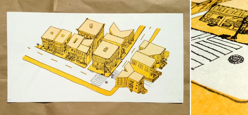 Hand-drawn illustration, Two layer photopolymer letterpress printEdition of 30 // MICA Dolphin House Sheet (Printed on a Vandercook 320G Press)