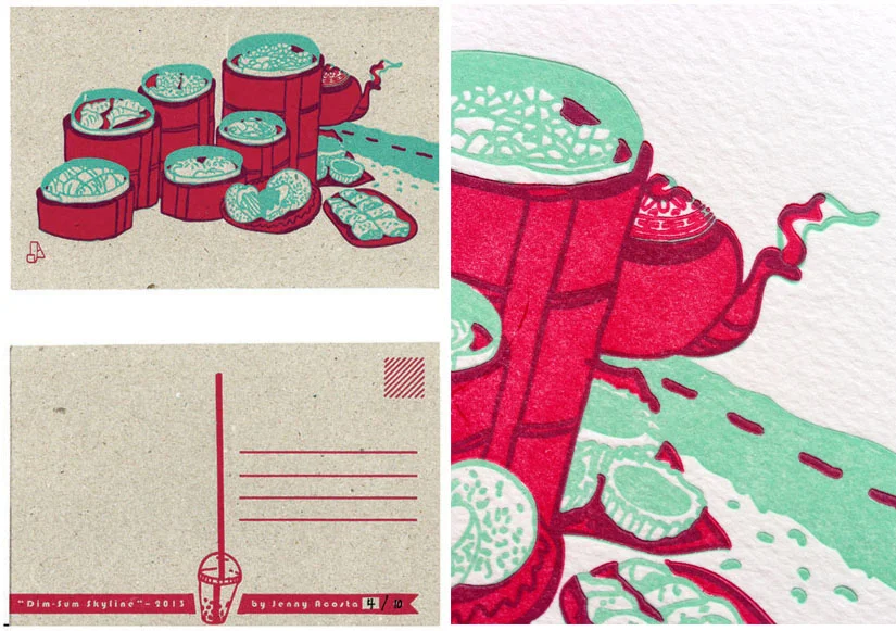 Hand-drawn illustration, two layer photopolymer letterpress print5" x 6" // Edition of 40 // Chipboard/300lb Hot &amp; Cold Press Watercolor paper (Printed on a Vandercook Universal)